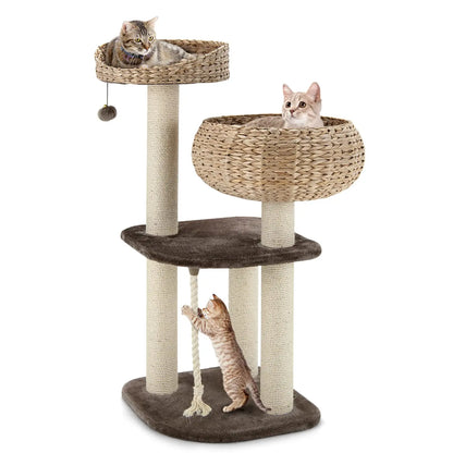 Tangkula Modern Cat Tree, Small Cat Tower with Natural Sisal Scratching Post, Hand-Made Wicker Cat Condo Top Perch Funny Hanging