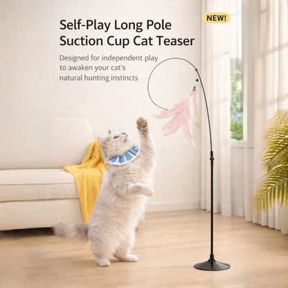 Strong Suction Cup Cat Teaser Toy, Heavy Duty Detachable Long Rod with Bell, Interactive