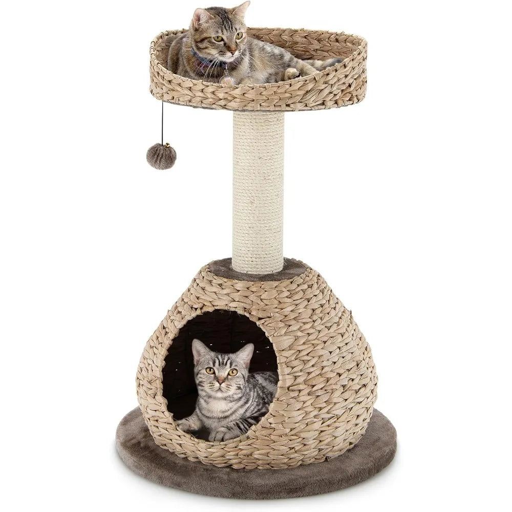 Tangkula Modern Cat Tree, Small Cat Tower with Natural Sisal Scratching Post, Hand-Made Wicker Cat Condo Top Perch Funny Hanging