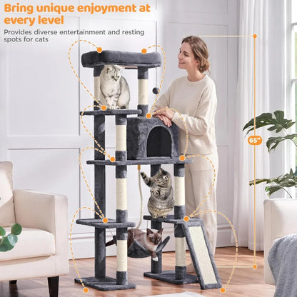 Yah 63" Multi-Level Cat Tree with Sisal Scratching Posts,Condo Hammock Dangling Ball,Platform for Cats Play Sleep
