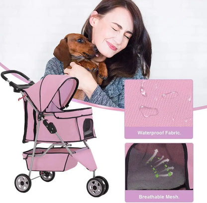 3-Wheel Folding Pet Stroller for Small Dogs and Cats, Waterproof with Cup Holder & Removable Liner, Pink