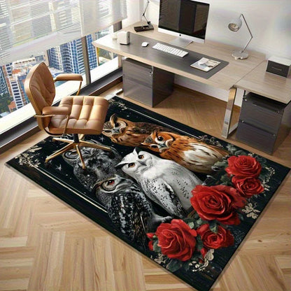 Owl Trio Rug with Red Roses, Charming Bird Print Carpets for Cozy BedroomsBest Selling Bedroom Accessories Skid resistant carpet