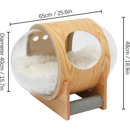 Space-Themed Wooden Pet Bed with Cushion and Transparent Acrylic Dome for Cats and Dogs, 25.6x18.9 inches