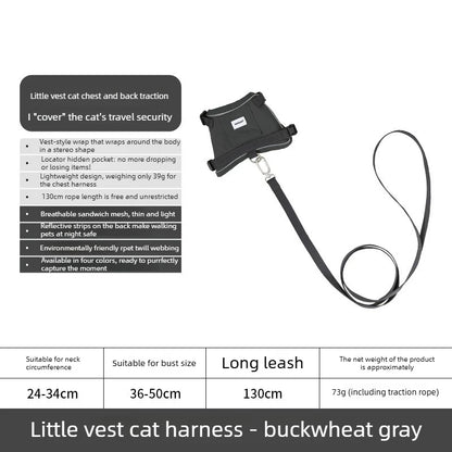 Anti-Escape Cat Vest Harness 39g, GPS Tracker Pocket, Breathable Mesh, Reflective, 130cm Leash for Walking,