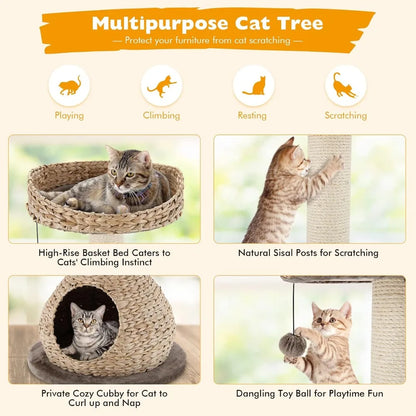 Tangkula Modern Cat Tree, Small Cat Tower with Natural Sisal Scratching Post, Hand-Made Wicker Cat Condo Top Perch Funny Hanging