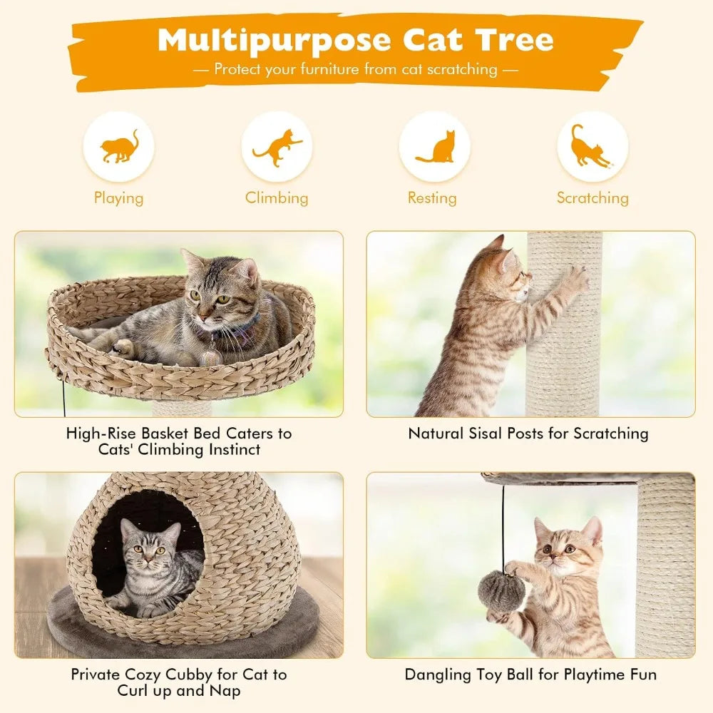 Tangkula Modern Cat Tree, Small Cat Tower with Natural Sisal Scratching Post, Hand-Made Wicker Cat Condo Top Perch Funny Hanging