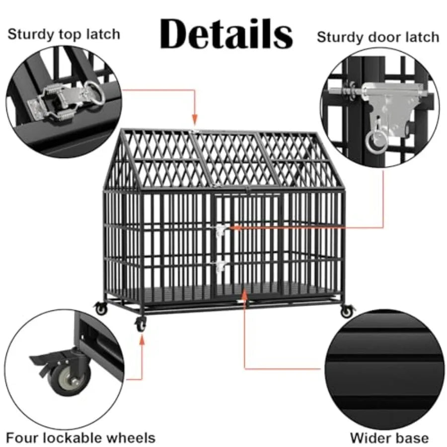 54 inch Heavy Duty Indestructible Dog Crate with 2 Bowls, Escape Proof Double Door Dog Kennel for Large Giant Dogs with Wheels