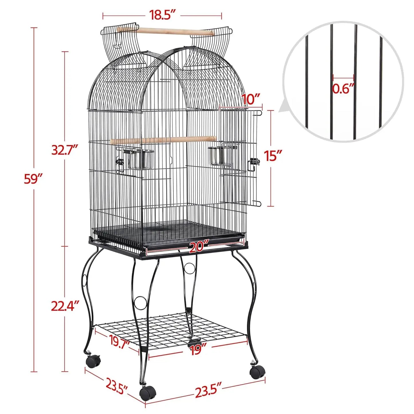 59-Inch Rolling Standing Medium Dome Open Top Bird Cage for Parrots Cockatiels Sun Conures Parakeets Lovebirds, Customized