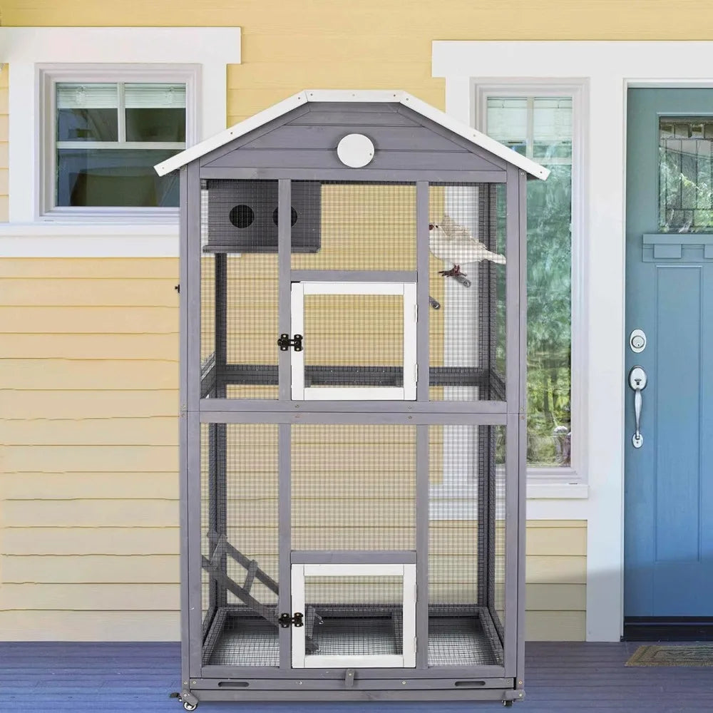 Outdoor Bird Cage Large, Wooden Flight Aviary with Perches, Nest Habitat, and Easy-Clean Pull Out Tray for Parakeets, Macaws.