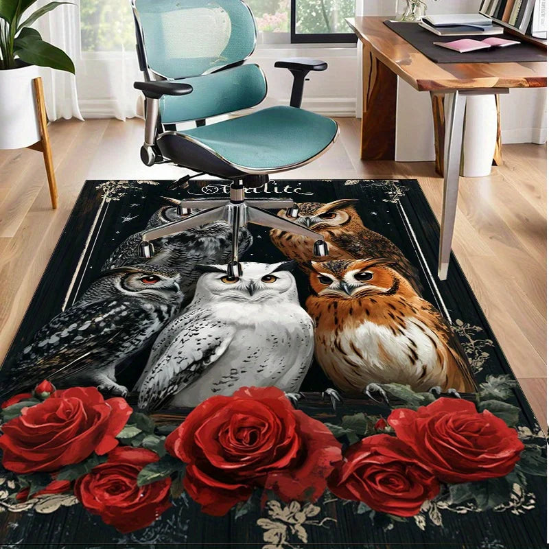 Owl Trio Rug with Red Roses, Charming Bird Print Carpets for Cozy BedroomsBest Selling Bedroom Accessories Skid resistant carpet