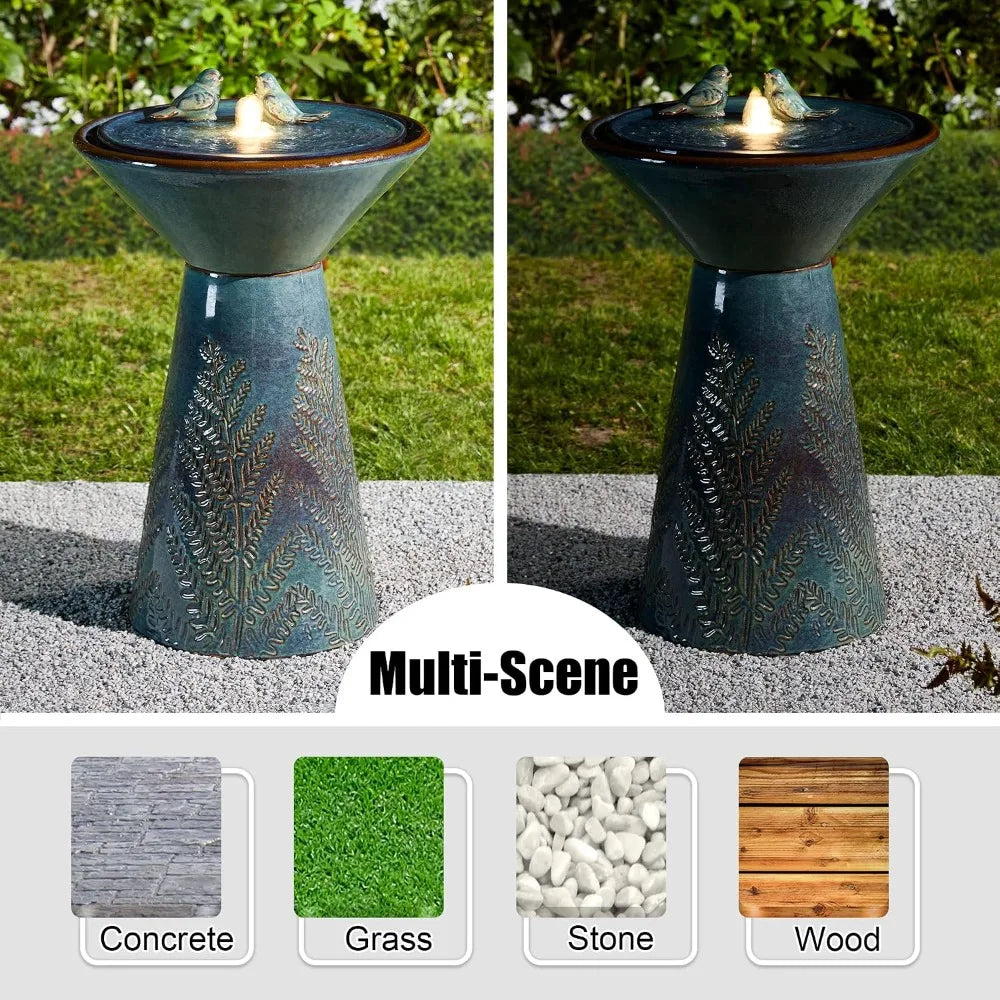 27.5" H Ceramic Garden Water Fountain with LED Light and Pump Bird Bath Fountain Outdoor Turquoise Embossed Pattern, Customized