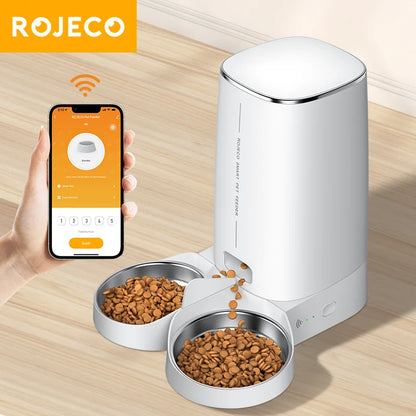 ROJECO Automatic Cat Feeder Pet Smart Cat Food Kibble Dispenser Remote Control Auto WiFi Double Feeder