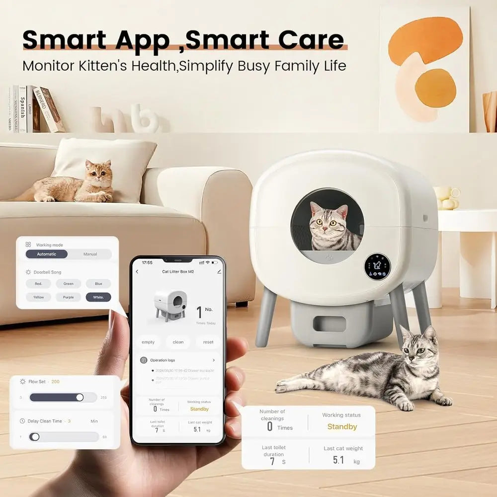 Luxury Large-Capacity Automatic Litter Box for Multiple Cats with App Control, Safety Features, and 2 Litter Bags - White