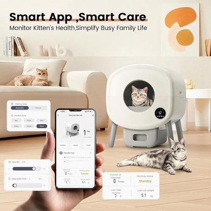 Luxury Large-Capacity Automatic Litter Box for Multiple Cats with App Control, Safety Features, and 2 Litter Bags - White