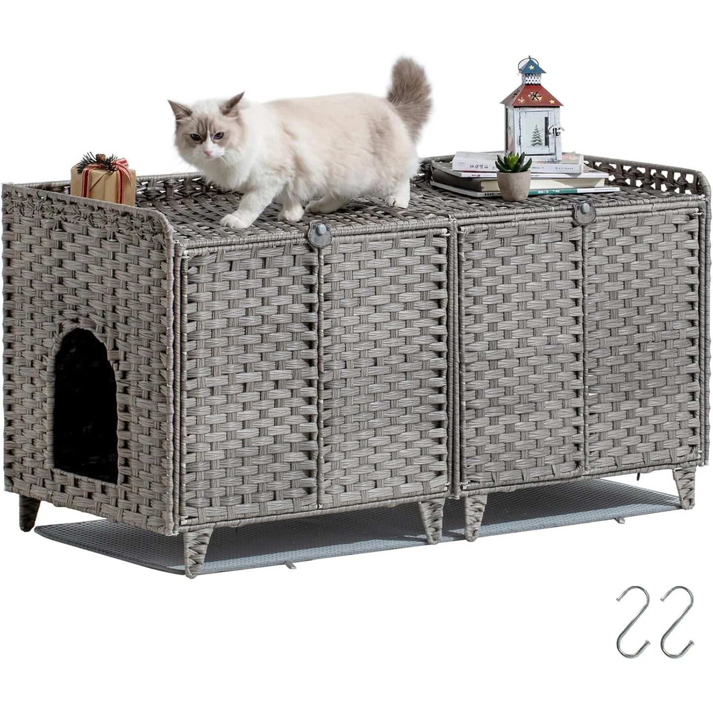 Cat Litter Box Enclosure Furniture, Handwoven Rattan Cat Bed Houses, Hidden Cat Washroom Furniture with Door/Mat