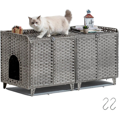 Cat Litter Box Enclosure Furniture, Handwoven Rattan Cat Bed Houses, Hidden Cat Washroom Furniture with Door/Mat