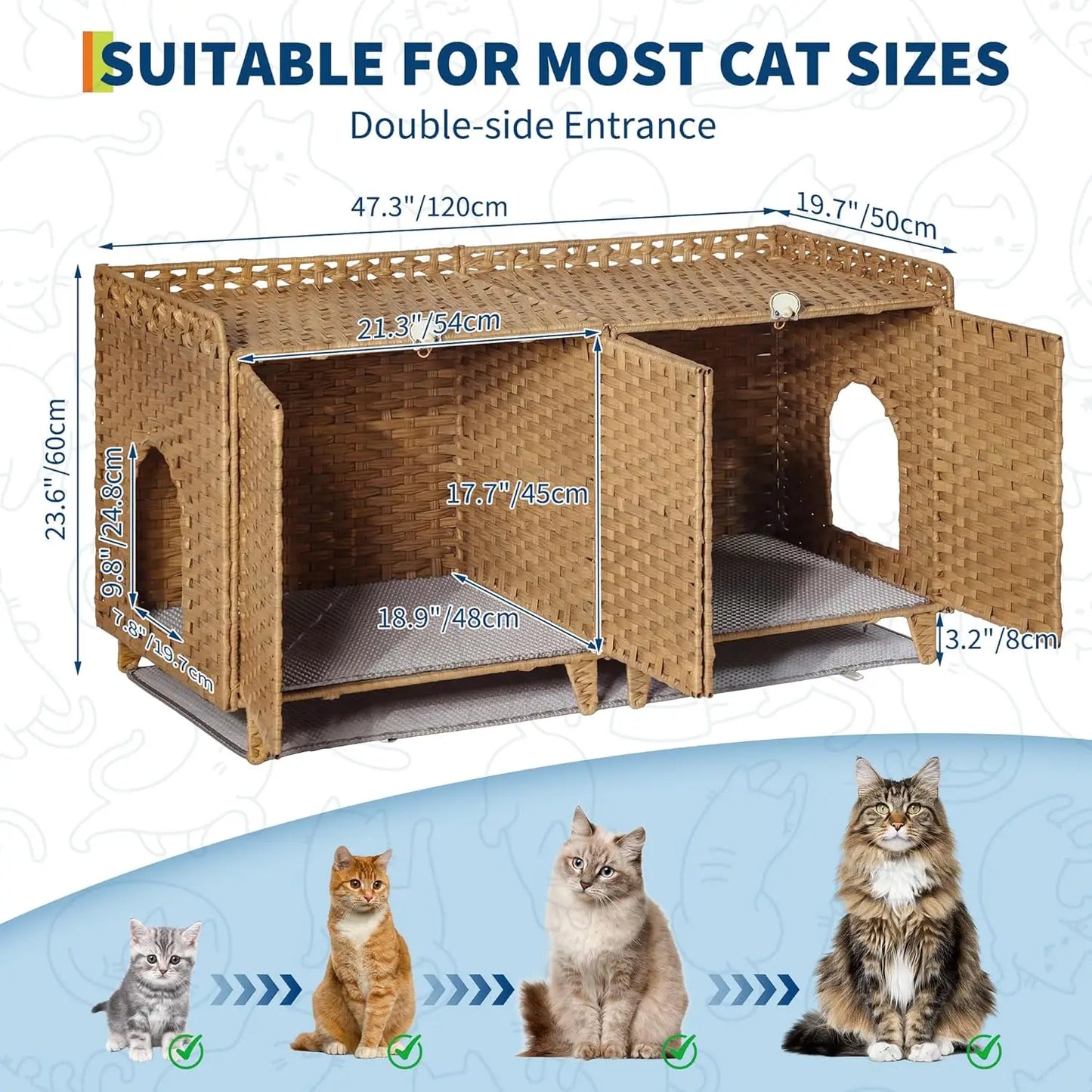 Cat Litter Box Enclosure Furniture, Handwoven Rattan Cat Bed Houses, Hidden Cat Washroom Furniture with Door/Mat