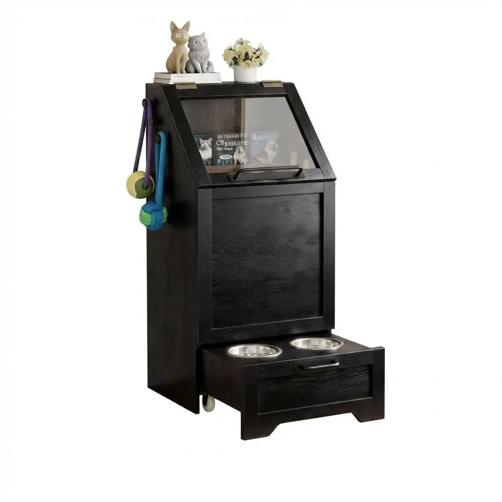 Dog Food Station with Storage, Raised Bowls, Dog Food Storage Cabinet with Hanger for Feeding
