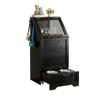 Dog Food Station with Storage, Raised Bowls, Dog Food Storage Cabinet with Hanger for Feeding
