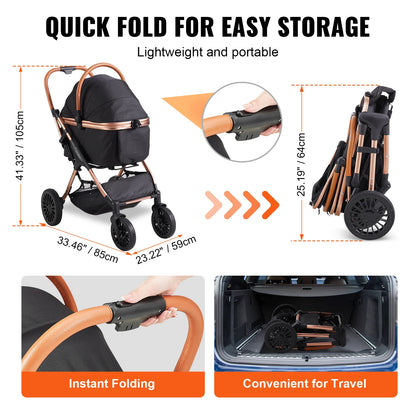 SucceBuy 66 lbs Pet Stroller Foldable Dog Puppy Stroller with Brakes Storage Basket Detachable Carrier for Small to Medium Dogs