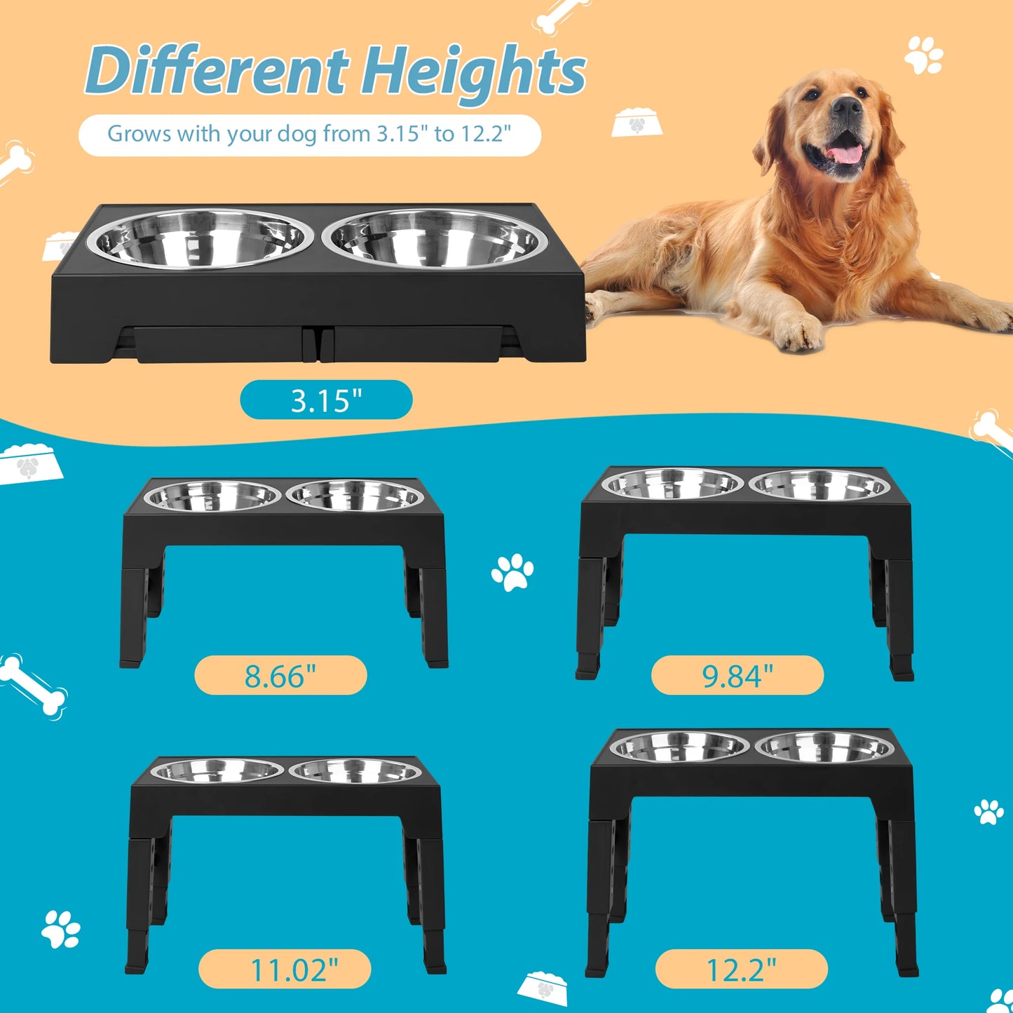 Elevated Dog Bowls with 2 Stainless Steel, Raised Dog Bowl Adjusts to 5 Heights (3.15", 8.66", 9.84",11.02", 12.2