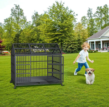 52 Inch Heavy Duty Dog Crate, Large Metal Dog Kennel with Roof Top, 2 Door Dog Cage House with Removable Tray and Wheels