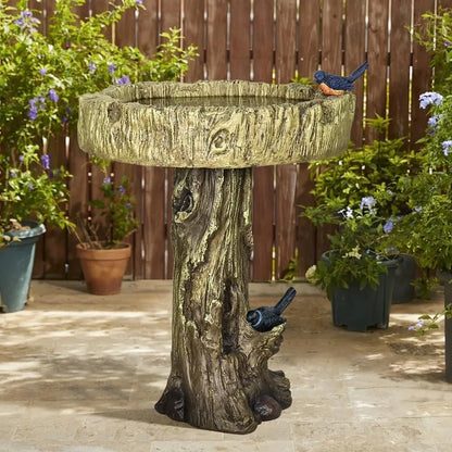 24.4” H Fibre Reinforced Concrete Outdoor Garden Bird Bath with Birds, Woodland Tree Trunk Decoration Yard Statue