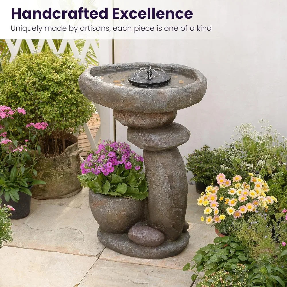 Solar Fountain for Bird Bath, Water Fountain Outdoor with Planter, Freestanding Rock Solar Waterfall with LED, Customized