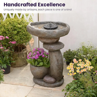 Solar Fountain for Bird Bath, Water Fountain Outdoor with Planter, Freestanding Rock Solar Waterfall with LED, Customized