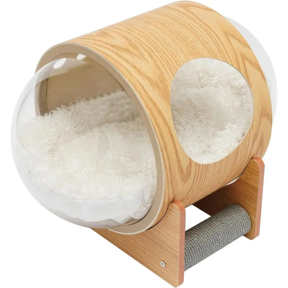 Space-Themed Wooden Pet Bed with Cushion and Transparent Acrylic Dome for Cats and Dogs, 25.6x18.9 inches