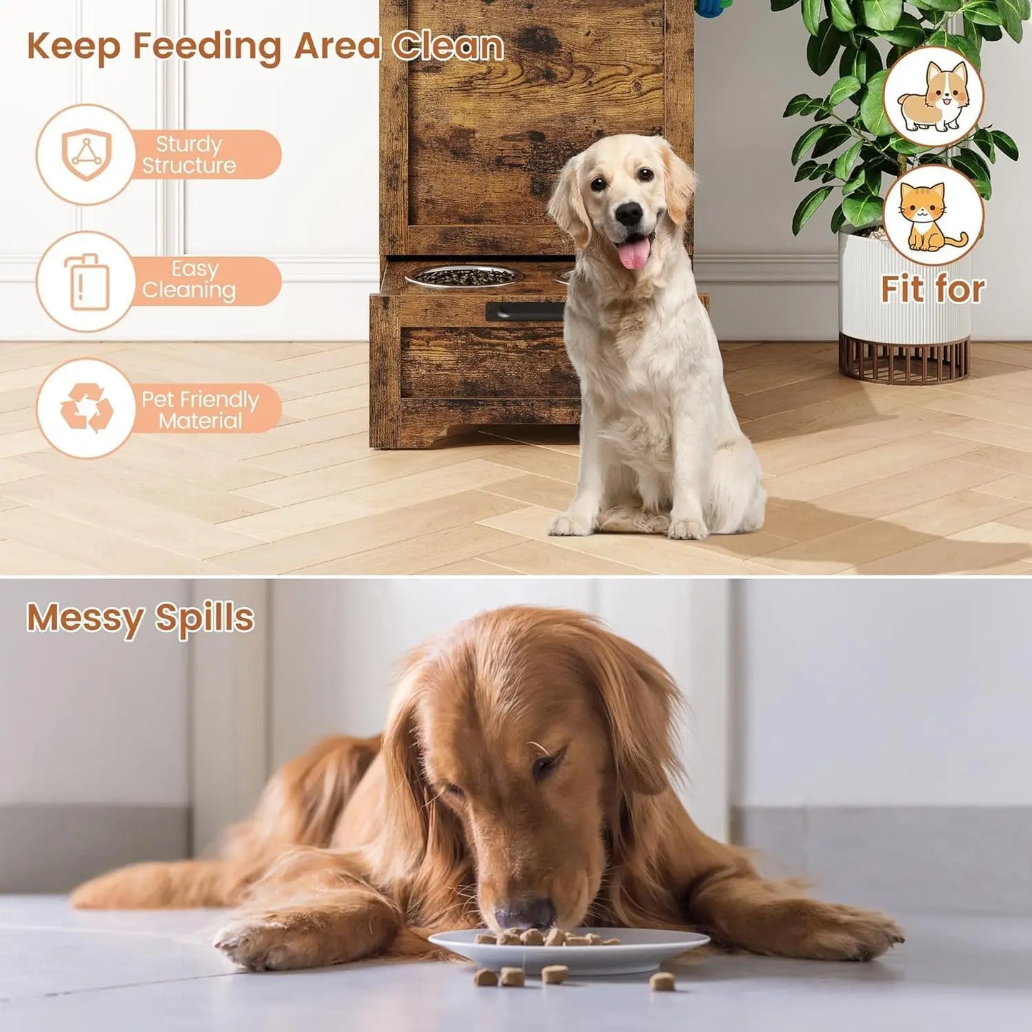Dog Food Station with Storage, Raised Bowls, Dog Food Storage Cabinet with Hanger for Feeding
