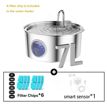 7L/236oz Large Capacity Pet Water Fountain 304 Stainless Steel Cat Water Fountain Ultra Quiet Pet Water Dispenser for Cats Dogs Automatic Drinking Bowl with Filter 24/7 Fresh Filtered Water Bowl（No 5V 1A Plug）