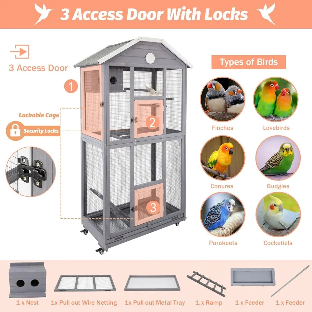 Outdoor Bird Cage Large, Wooden Flight Aviary with Perches, Nest Habitat, and Easy-Clean Pull Out Tray for Parakeets, Macaws.