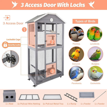 Outdoor Bird Cage Large, Wooden Flight Aviary with Perches, Nest Habitat, and Easy-Clean Pull Out Tray for Parakeets, Macaws.