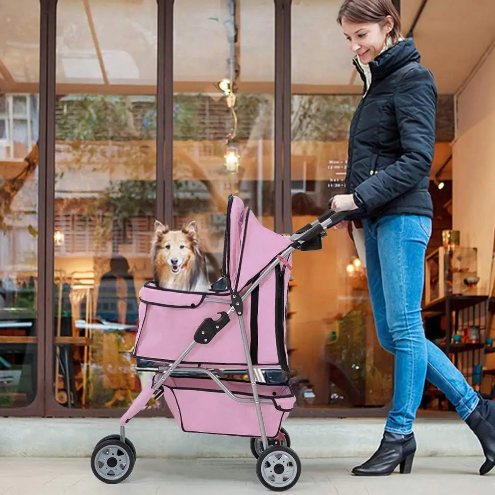 3-Wheel Folding Pet Stroller for Small Dogs and Cats, Waterproof with Cup Holder & Removable Liner, Pink