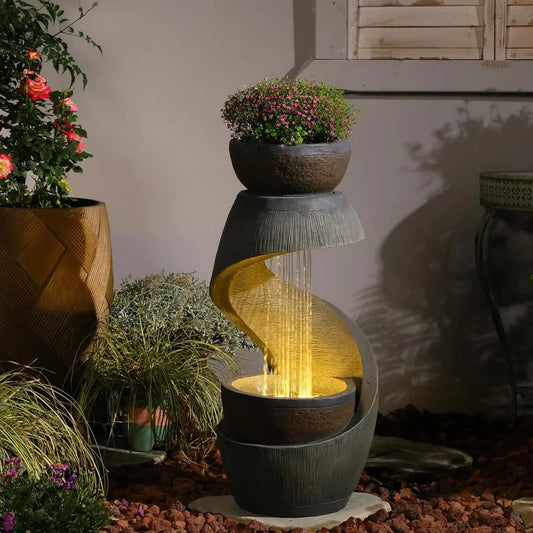 31.9" S-Shaped Water Outdoor Fountain–Modern Cascading Waterfall Feature with LED Lights & Planter Bowl, Garden, Customized