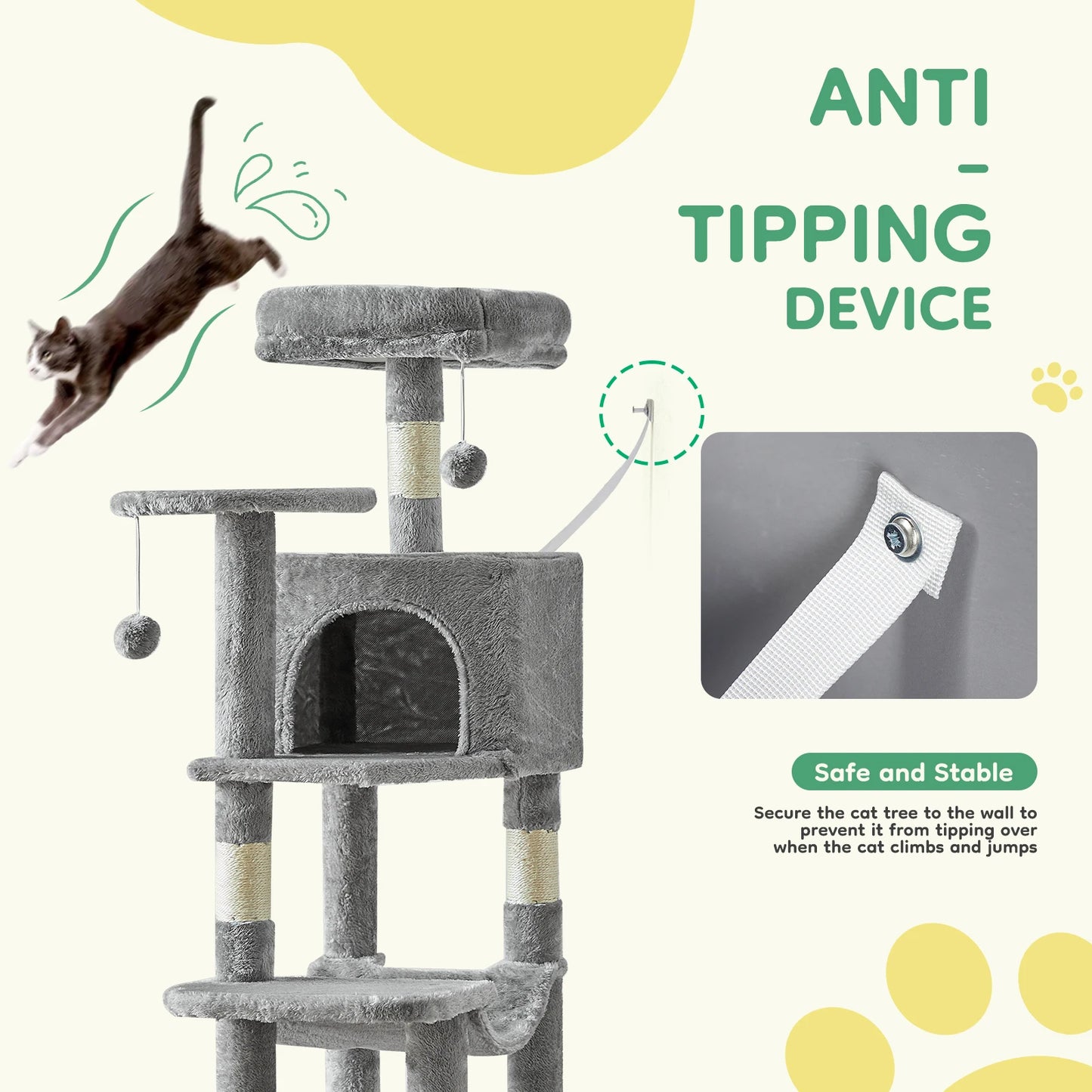 JHK 44In Cat Tree Tall Multi-Cat Climbing Tower, Scratching Posts Stable House for Indoor Cat
