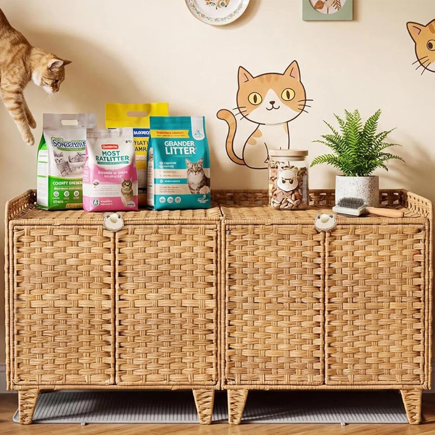 Cat Litter Box Enclosure Furniture, Handwoven Rattan Cat Bed Houses, Hidden Cat Washroom Furniture with Door/Mat