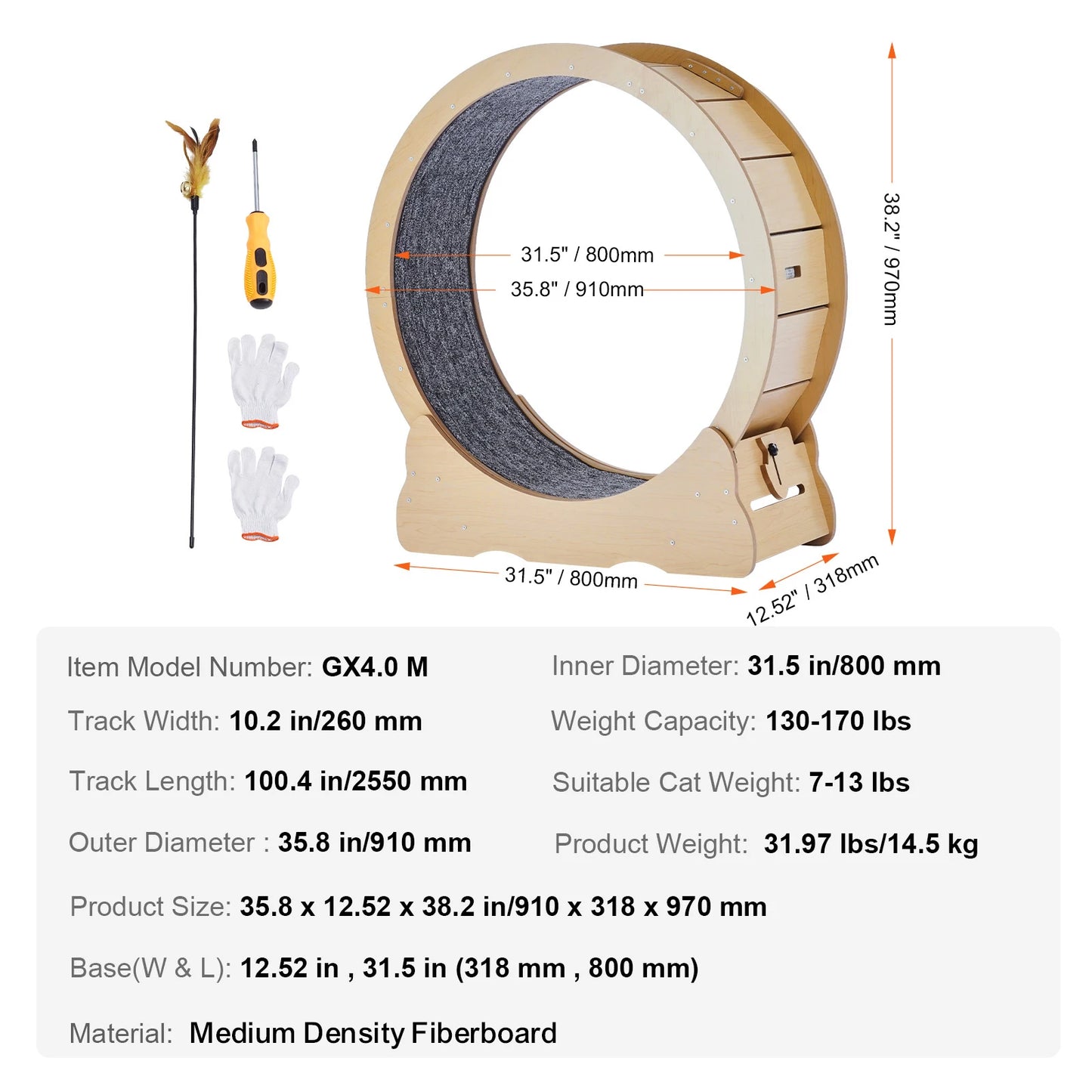 SucceBuy Wooden Cat Exercise Wheel with Detachable Carpet& Cat Teaser