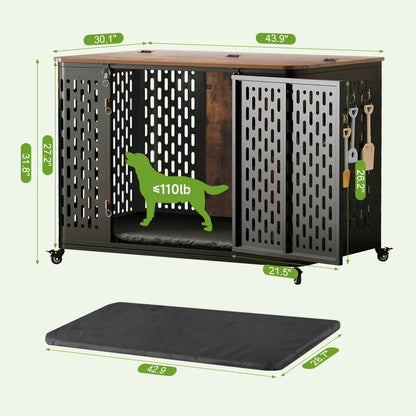 Dog Crate Pet Furniture with Cushion Wood Dog Kennel with Flexible Wheels Multi-Purpose Dog Cage for Large Small Medium Dogs