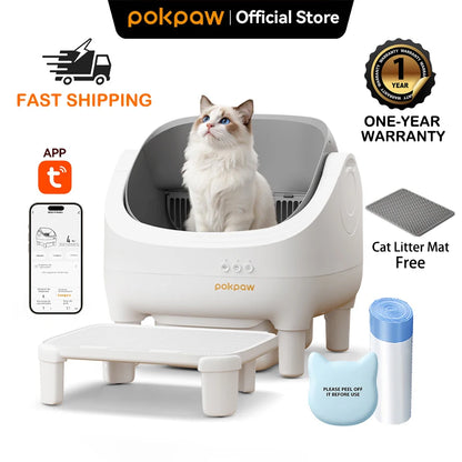 Pokpaw Automatic Self-cleaning Litter Box for Cats – 76L Large Smart Cat Toilet Open Sandbox for Cat Pet Supplies