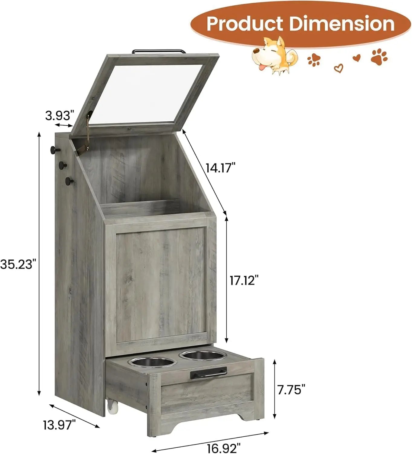 Dog Food Station with Storage, Raised Bowls, Dog Food Storage Cabinet with Hanger for Feeding