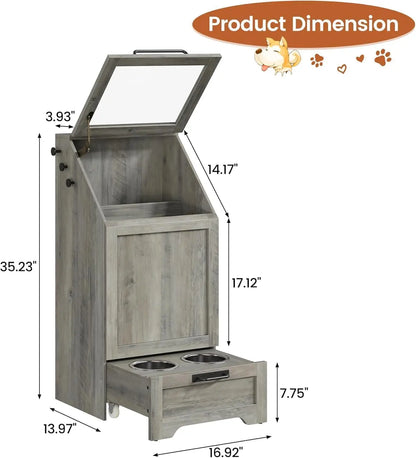 Dog Food Station with Storage, Raised Bowls, Dog Food Storage Cabinet with Hanger for Feeding