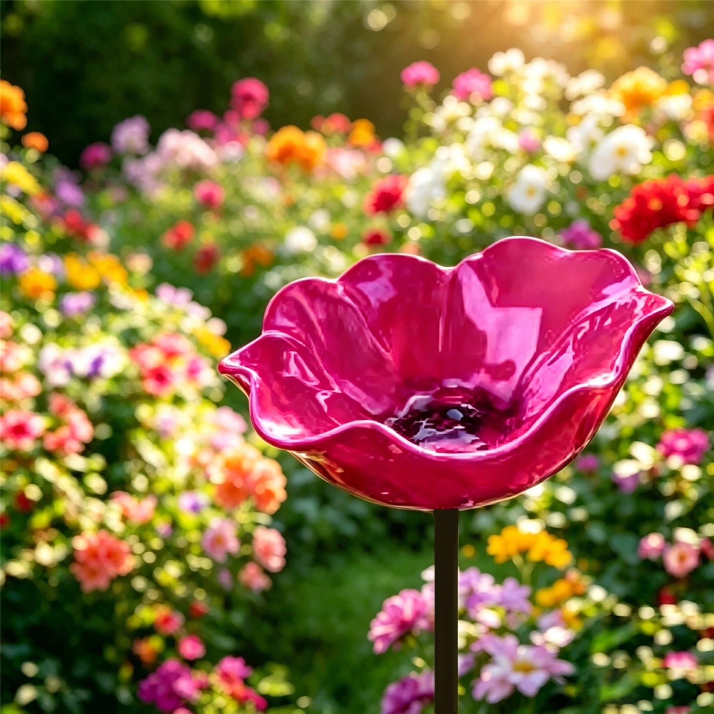 Metal Flower Garden Stakes Bird Bath 4-in-1 Pollinator Water Station - Hummingbird Feeder Bird Bath for Outdoor Yard Decor