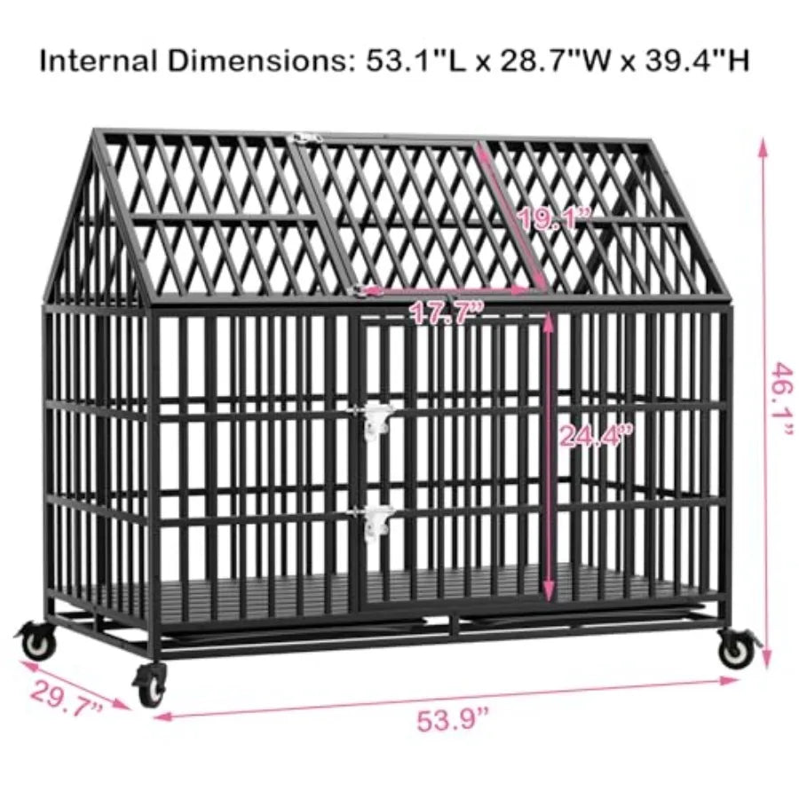 54 inch Heavy Duty Indestructible Dog Crate with 2 Bowls, Escape Proof Double Door Dog Kennel for Large Giant Dogs with Wheels