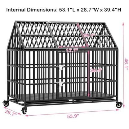54 inch Heavy Duty Indestructible Dog Crate with 2 Bowls, Escape Proof Double Door Dog Kennel for Large Giant Dogs with Wheels
