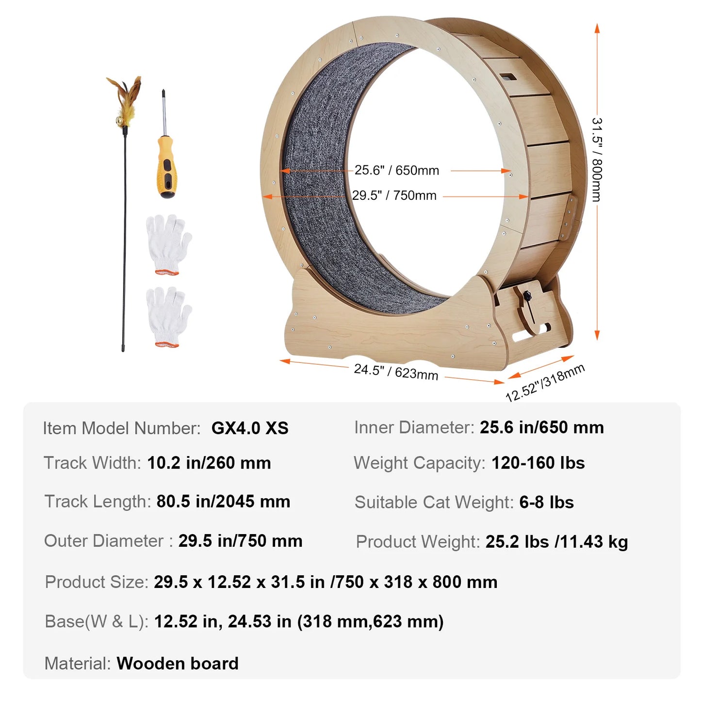 SucceBuy Wooden Cat Exercise Wheel with Detachable Carpet& Cat Teaser