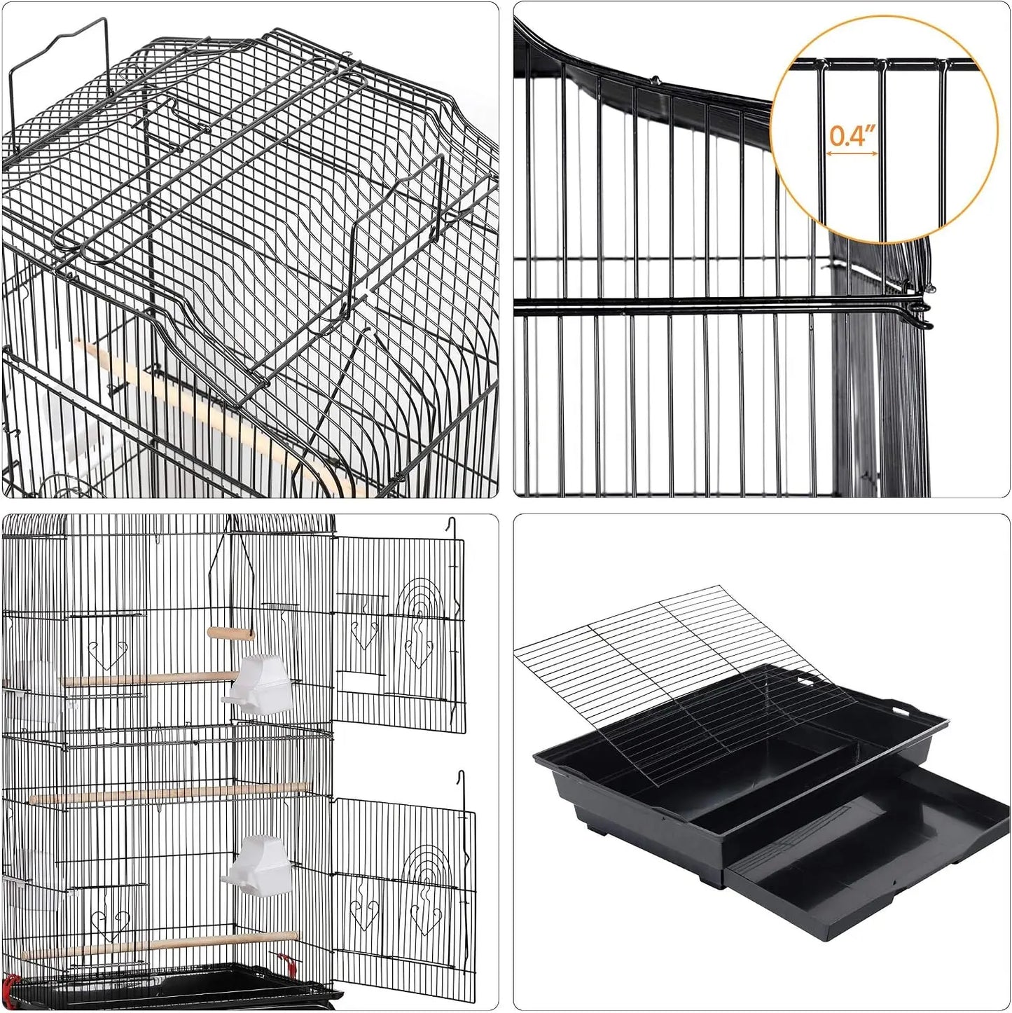 64'' Open Top Bird Cage for Parakeets, Cockatiels, Budgies, Lovebirds - with Slide-Out Tray, Feeders, Detachable Rolling Stand