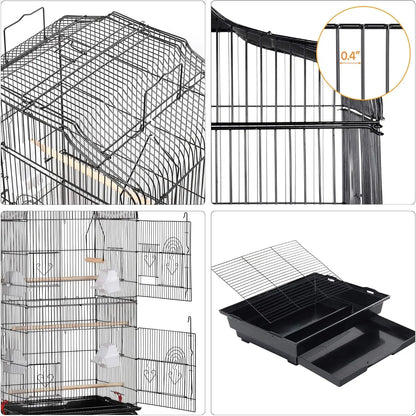 64'' Open Top Bird Cage for Parakeets, Cockatiels, Budgies, Lovebirds - with Slide-Out Tray, Feeders, Detachable Rolling Stand