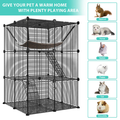 3-Tier Cat Cage Indoor Cat Enclosures DIY Detachable Metal Cat Kennel w/Hammock